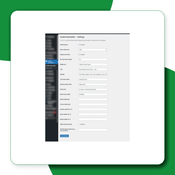 Scaled Newsletter Popup — Lightweight Email Capture for WordPress (Exit-Intent, CSV, Design Controls) - Image 2